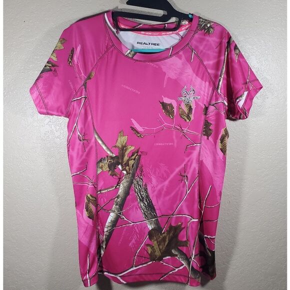 Realtree Hot Pink Woods Forest Camo Outdoor DryTech Active Crew Neck Tee Shirt - Picture 1 of 7